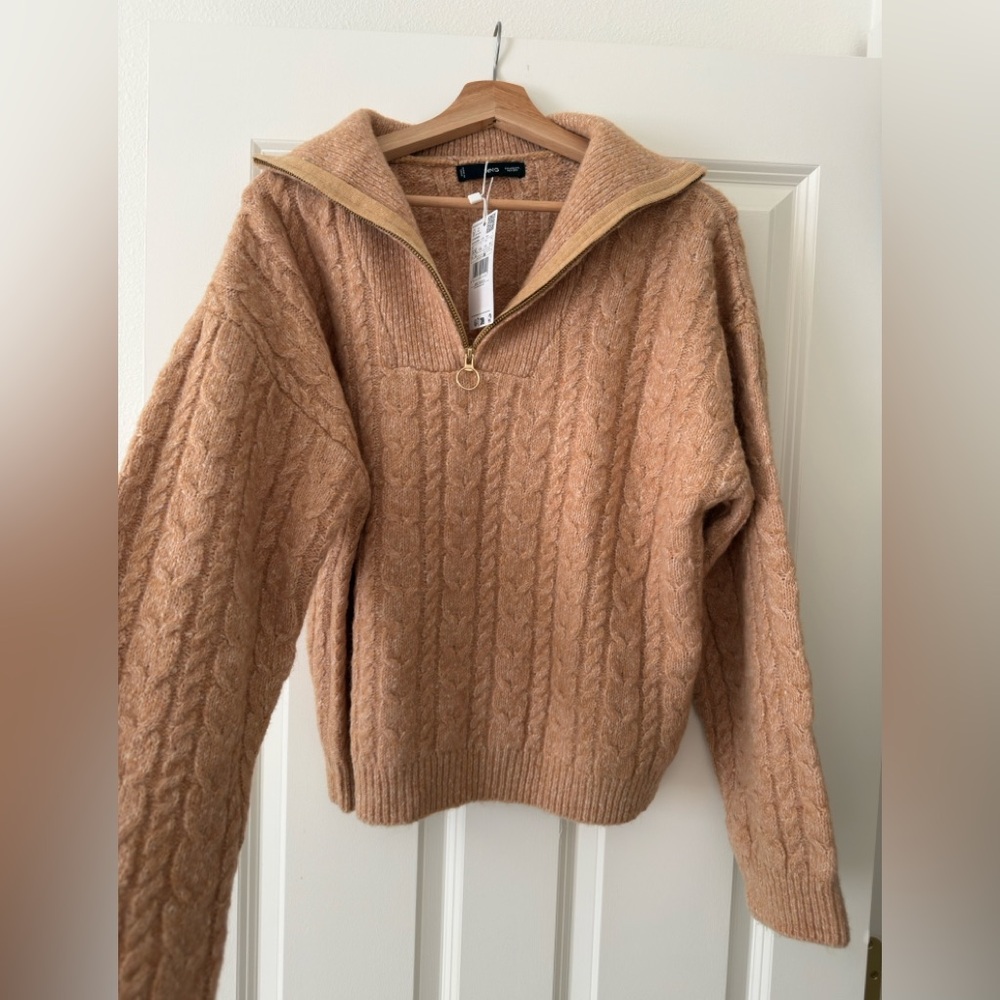 Mango Tan Cable Knit Quarter-Zip Sweater